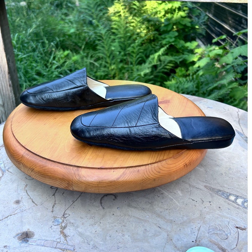 Vintage Black Leather House Mules Women Size 10 Square Toe Patchwork Slippers